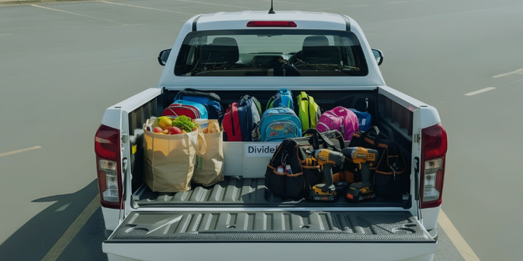 Back of a white pickup truck with various items including bags and groceries sperated by a TubDivider