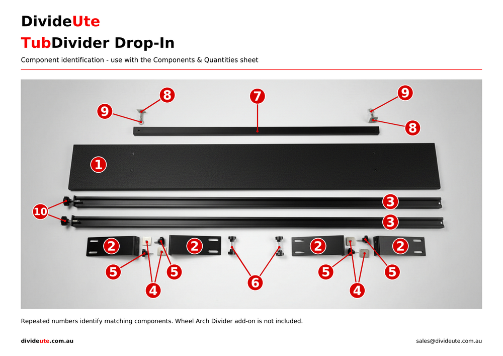 A product components diagram for the DivideUte TubDivider Drop-In, showing numbered black metal parts laid out on a light gray background with red callout lines and numbers.