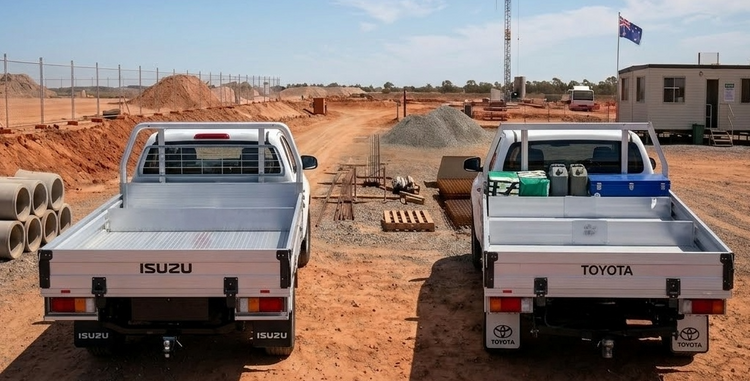 Two pickup trucks, one Isuzu and one Toyota, parked on a construction site with cranes and buildings in the background.