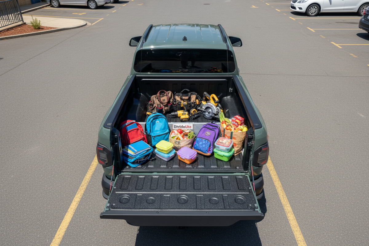 DivideUte divider system fitted in a HiLux tub, with tool cases and a red bag organised between the dividers.