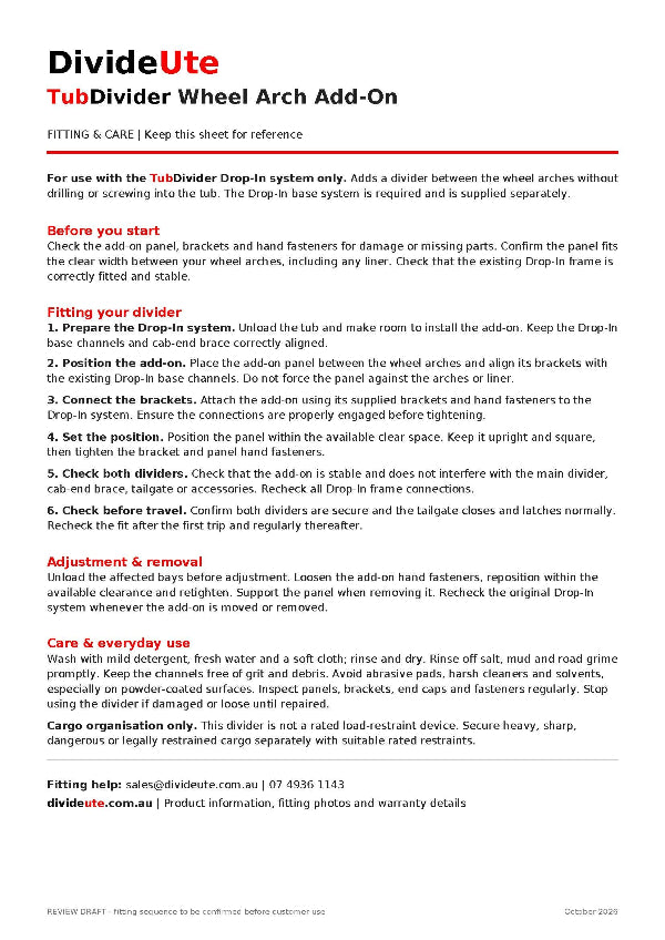TubDivider Wheel Arch Add-On fitting
and care instruction sheet