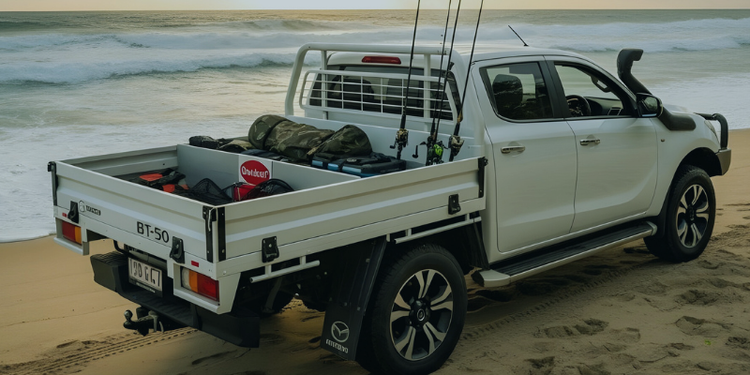 White pickup truck on a beach with fishing gear and a cooler seperated by a TrayDivider