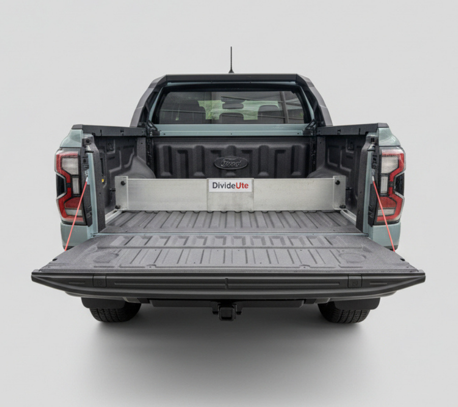 Back of a ford dual cab ute with an open bed featuring a 'DivideUte' TubDivider product.