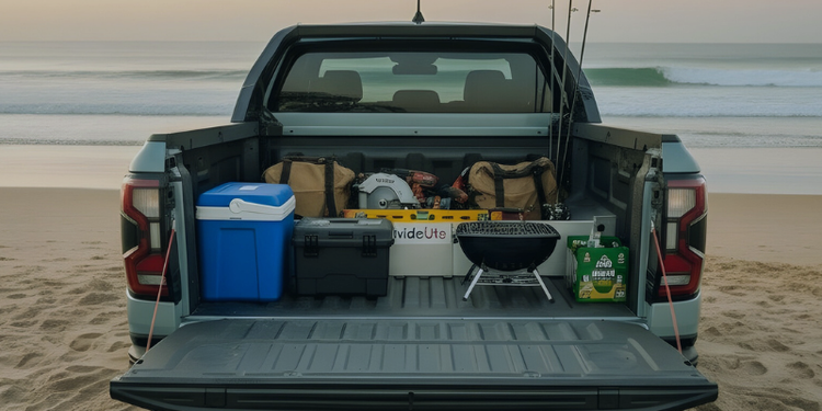 Trunk of a truck filled with camping gear on a beach seperated by a TubDivider