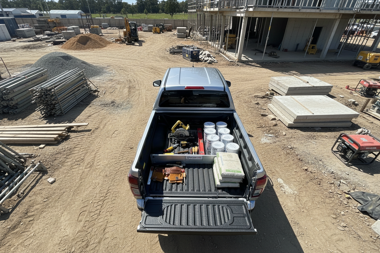 Pickup truck with tools and supplies at a construction site